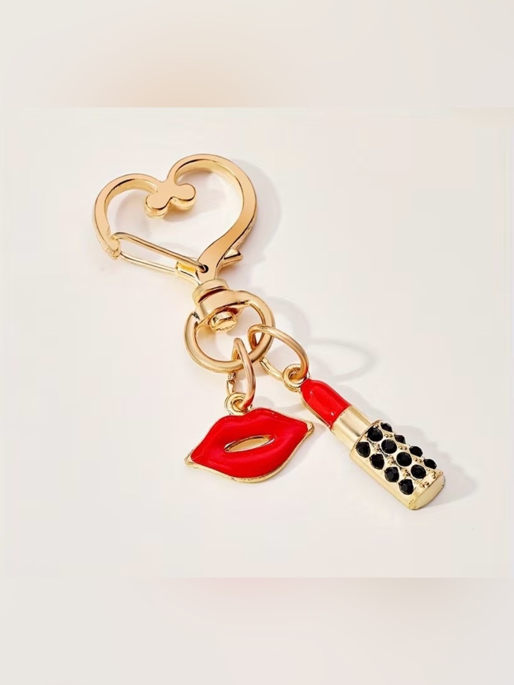 Gold Tone Lip & Lipstick Keychain Charm